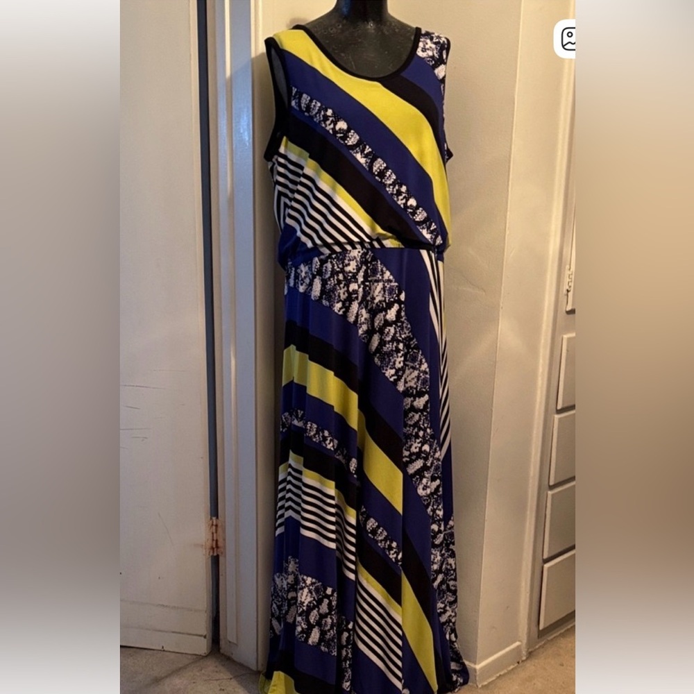 Calvin Klein Blue and Yellow Patterned Maxi Dress